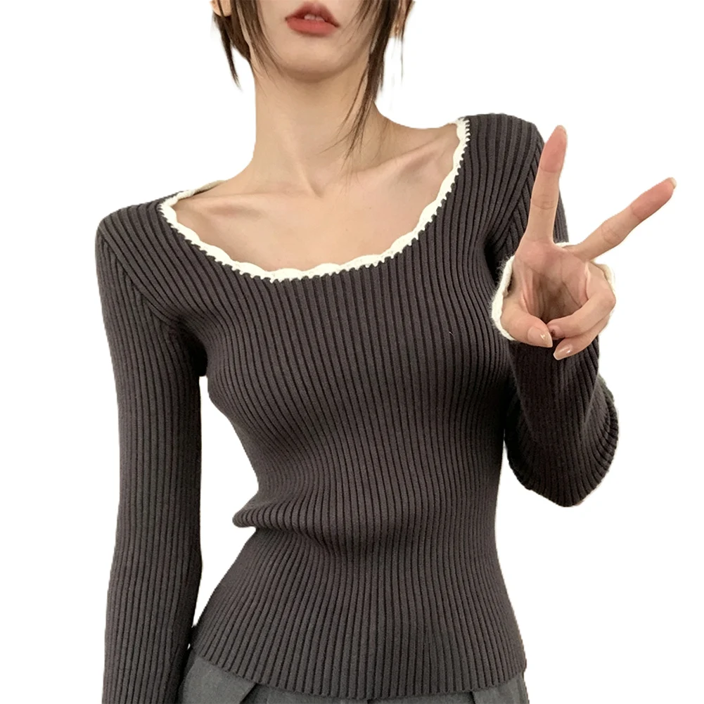  Women's Contrasting U-shaped Collar Knitted Long Sleeved Tops Wide Neckline And -Off Shoulder Design For Spring And Autumn