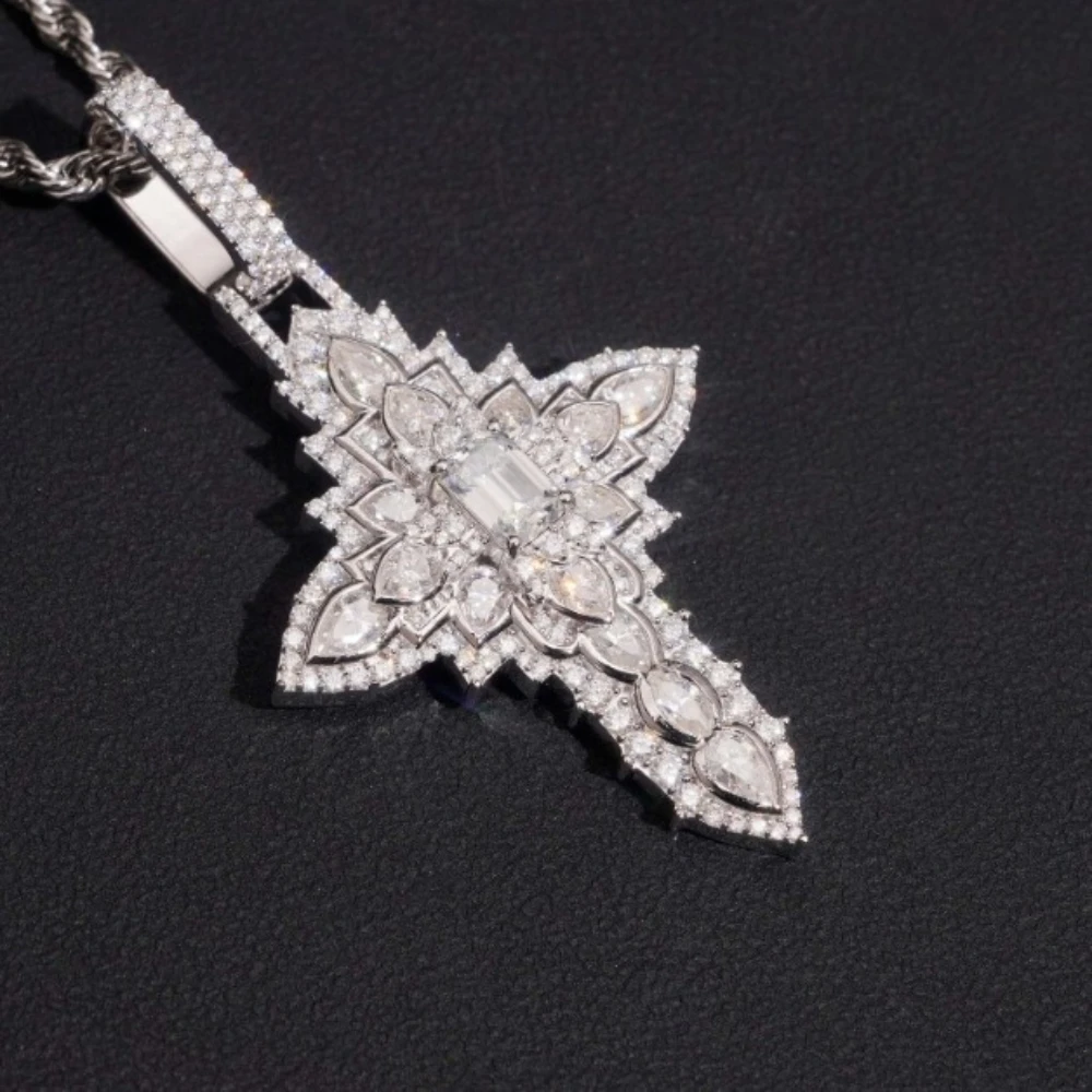 Solid 925 Silver Iced Out Moissanite Cross Pendant Hiphop Rock Men Diamond Cross Charm Penndant Tennis Cuban Chain Pass Tester