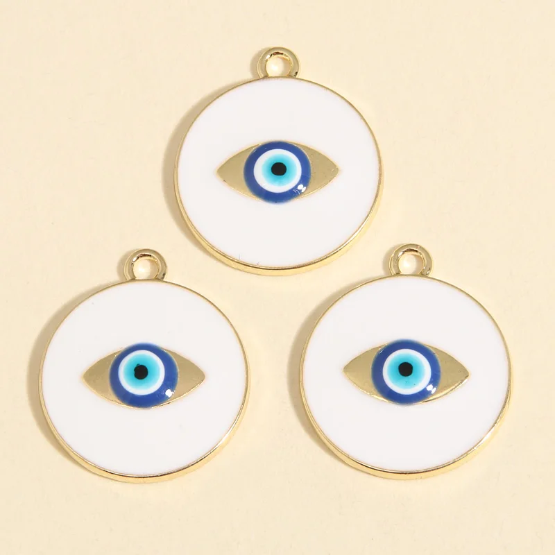 5pcs Gold Color 24x21mm Enamel Eye Charms Round Pendant Fit Necklaces Bracelet DIY Handmade Jewelry Making Finding Supplies