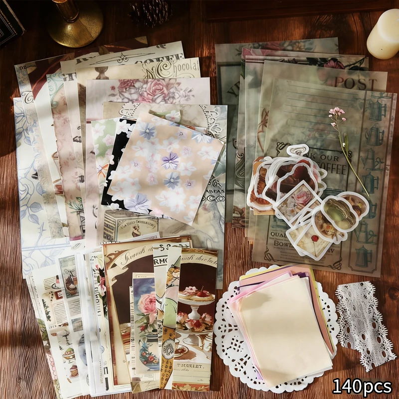 

140 Sheets Vintage Mixed Sticker & Material Paper Set, Retro Aesthetic Journal Collage Kit, Diary Decor Base Paper