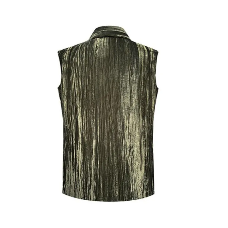 WVGA  New Men's Summer Tide Fashionable Wrinkled Velvet Sleeveless Loose Shirt Niche Chic Casual Turn-Down Collar Top Ins W18616