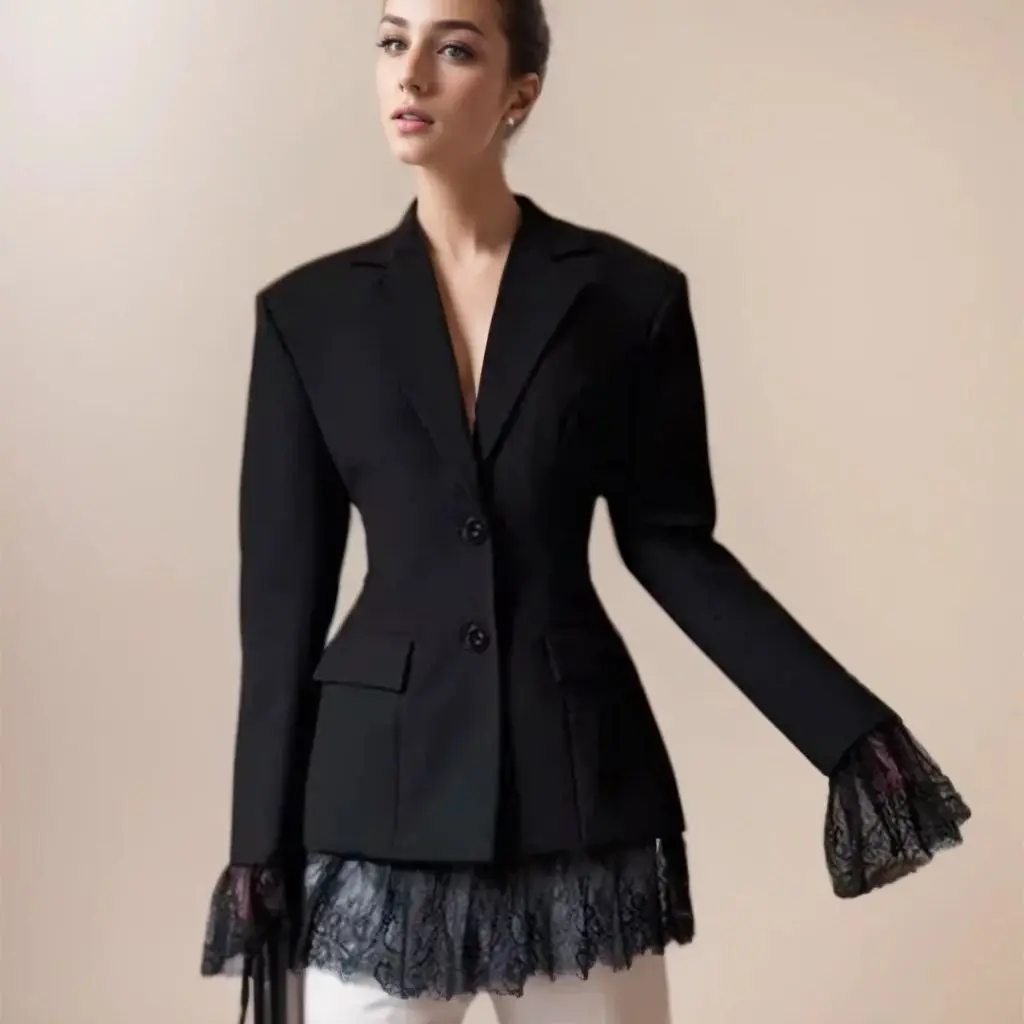 2026 Women's European Single Breasted Black Lace Patchworks Blazer Office Lady Vintage Street Slim Fit Long Coats Jackets Tops
