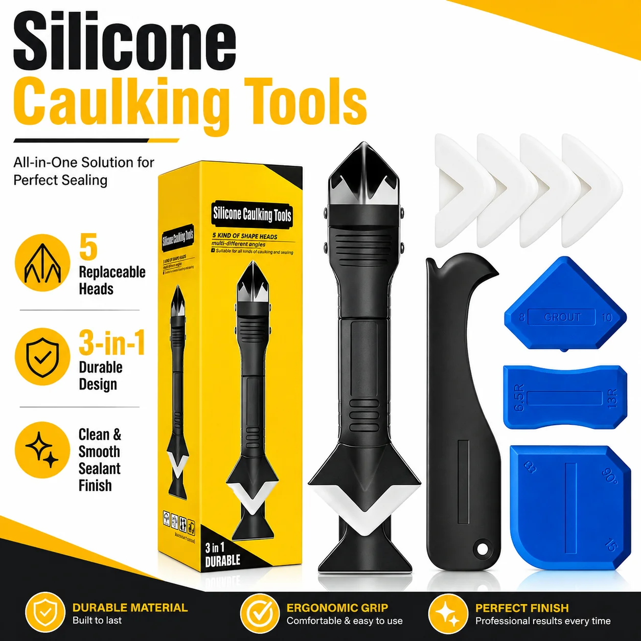 5Pcs Caulk Remover Tool Set with 4 Replaceable Heads, Multifunctional Sealant Finishing & Residue Removal Tool, Ergonomic Plasti