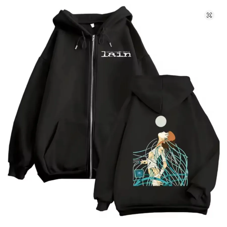 Anime Serial Experiments Lain Zip Up Hoodie Women Men Harajuku Sweatshirt Streetwear Hip Hop Zipper Hooded Jacket Outerwear