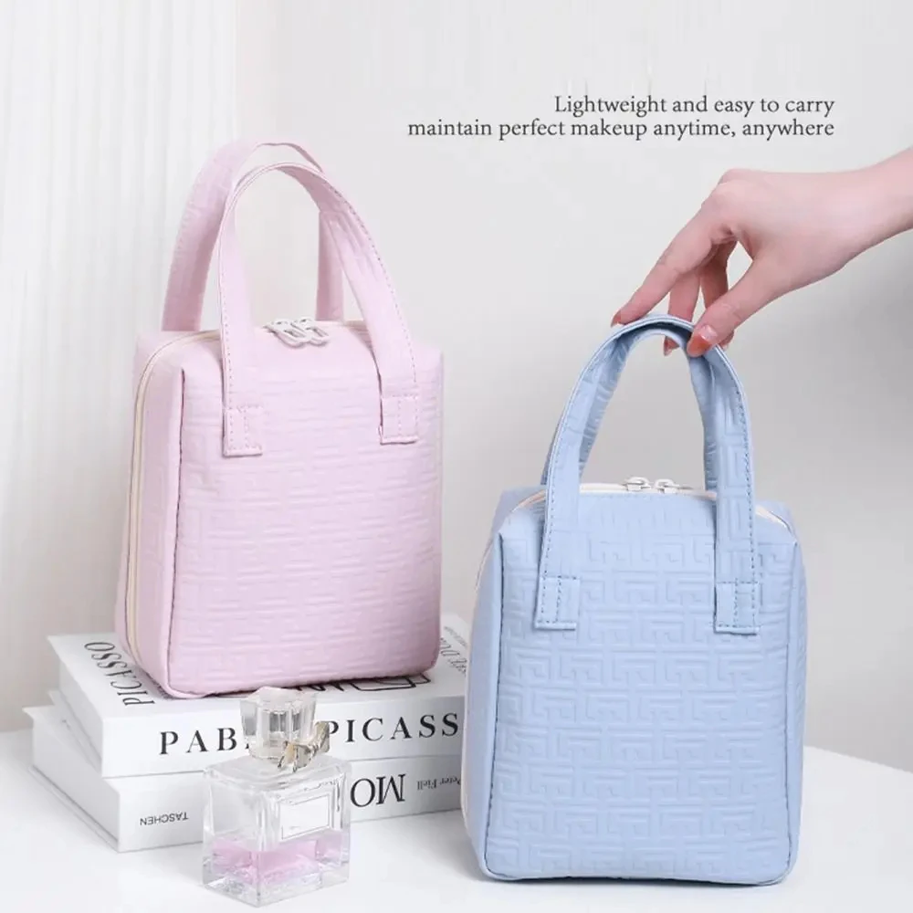 Bolsa de viaje multifuncional para cuidado de la piel, bolsa de cosméticos de cuero PU, bolsas de almacenamiento impermeables de alta capacidad con asa, organizador de maquillaje