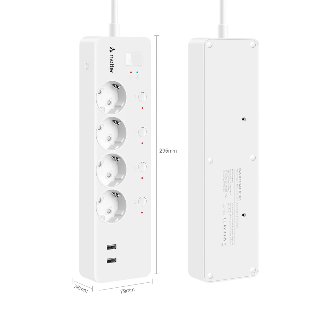 BORUIDAPLS Matter Smart Plug EU 16A Power Strip Works With SmartThings Apple Home Siri Google Home Voice Remote Control Timing