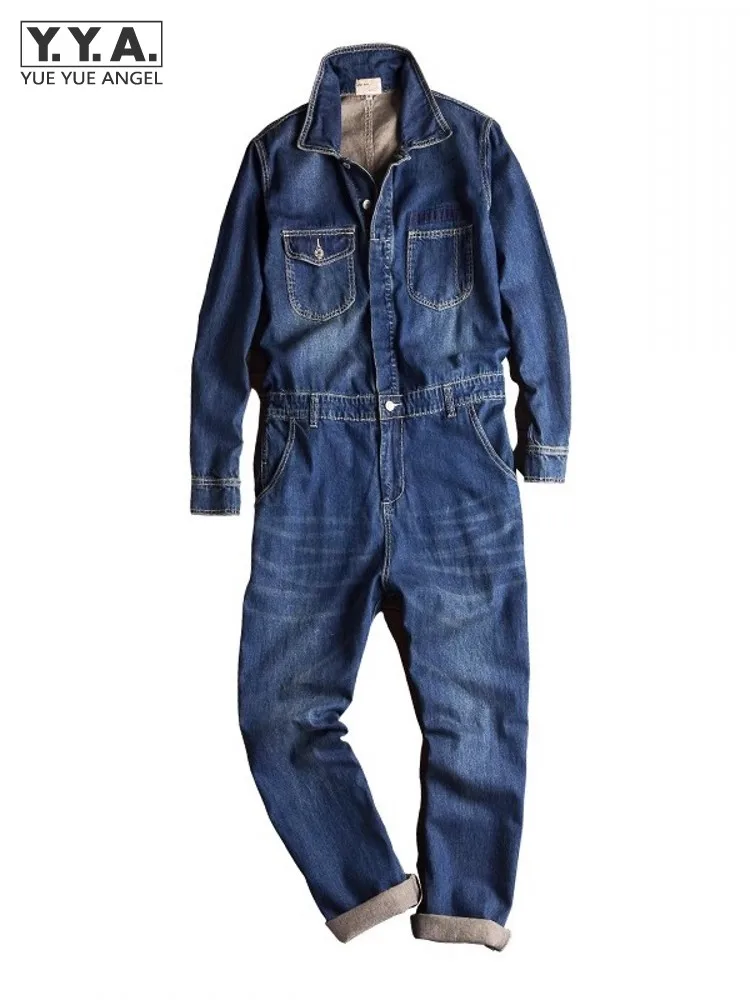 Autumn Retro One Piece Classic Denim Jumpsuit Long Sleeve Cargo Overalls Single Breasted Slim Fit Jeans Trousers Pockets Pants