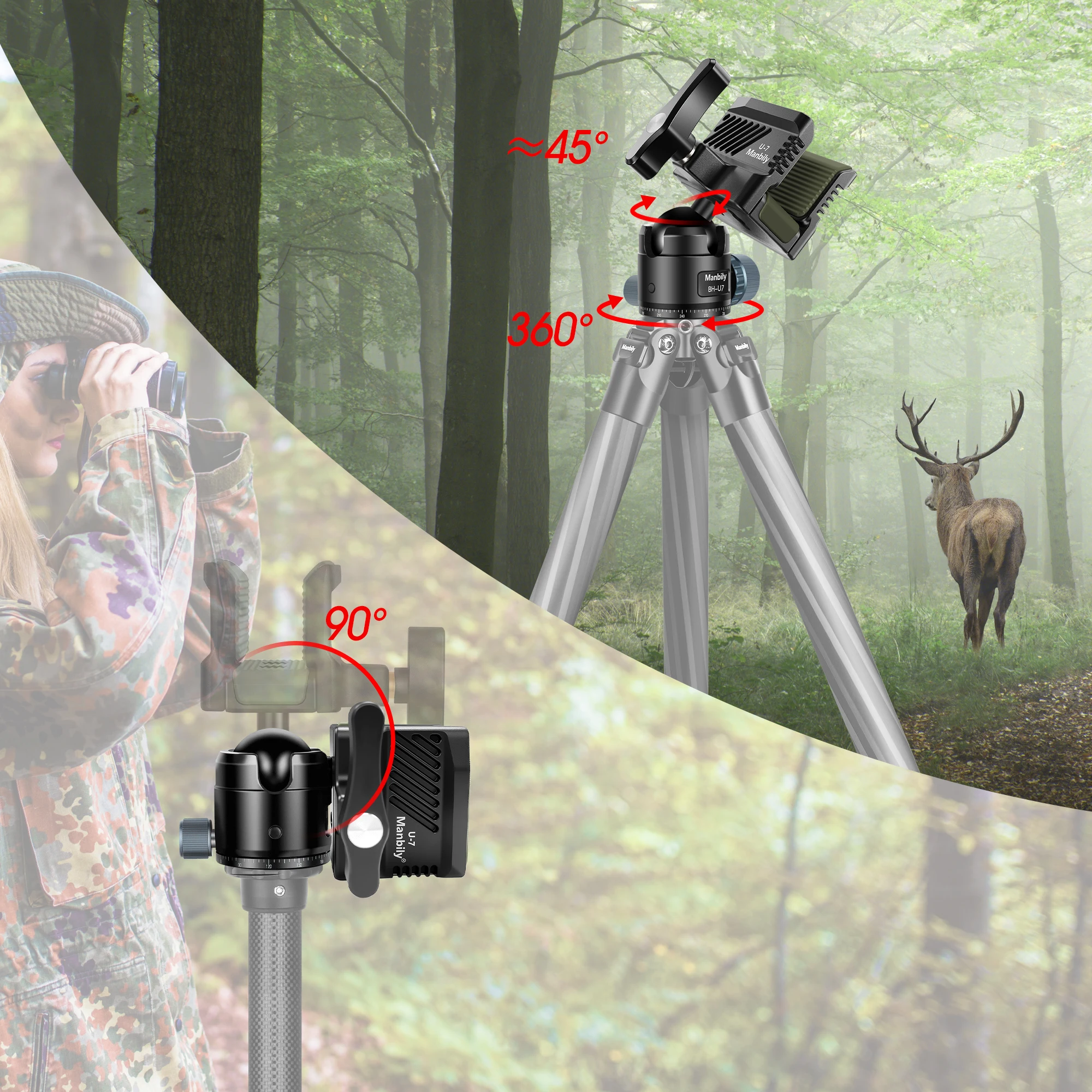 Manbily BH-U7 Gewehr-Sattelclip-Adapter für Outdoor-Jagdstativen und -Stative, 360-Grad-Gimbal-Kopf mit 3/8- und 1/4-Zoll-Schraubanschlüssen – Detail 5