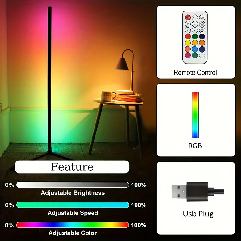 47/63 Cal Ściemnialne światła LED RGB Bar Mood Light Zmiana koloru Narożna lampa podłogowa do sypialni Gaming Salon Nordic Decor