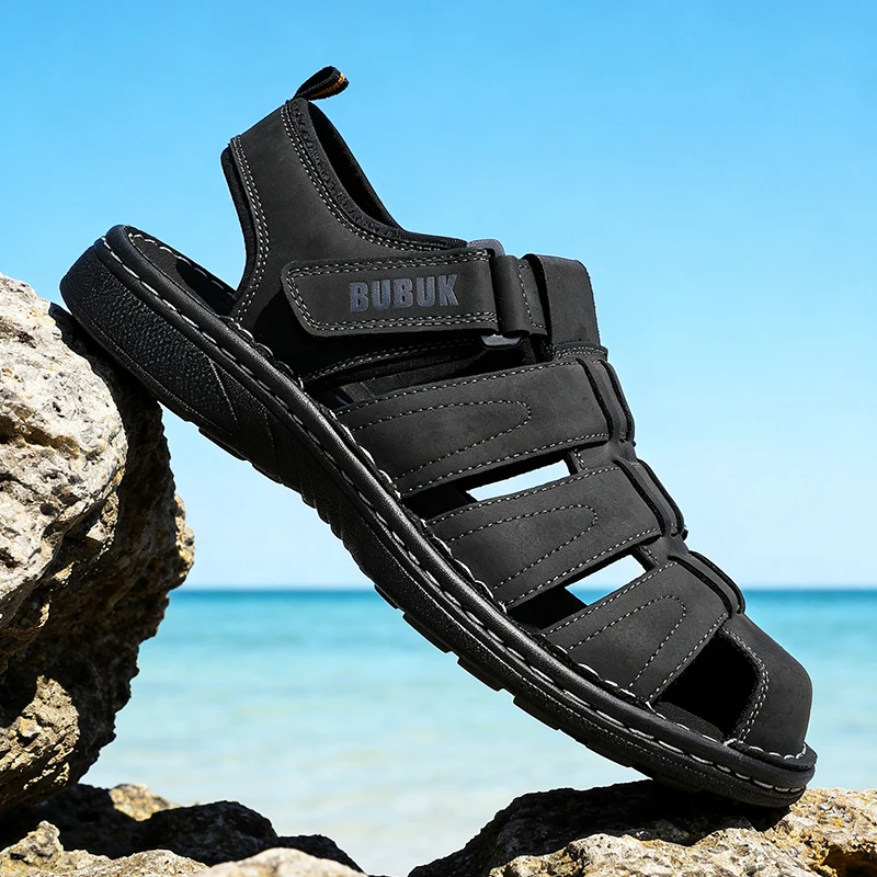 BUBUK Men's Leather Sports Sandals, Outdoor Beach Shoes, Adjustable Velcro, Suitable for Hiking, Travel, Work