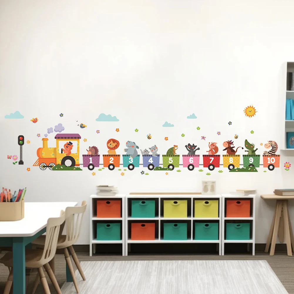 Cartoon Animal Number Train Wall Stickers Colorful Kids Room Wall Decals Nursery Playroom Removable Vinyl Educational Art Decor