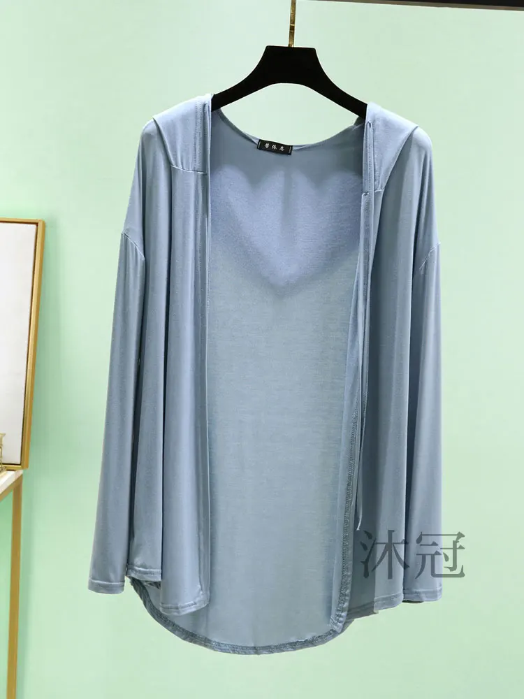 Kardigan Panjang Wanita Berkerudung Model Terbuka Bahan Modal Musim Panas Longgar Ukuran Besar Pelindung Sinar Matahari Pendingin Udara Panjang Sedang...