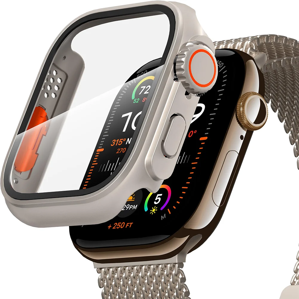 2 Stück gehärtetes Glas + Abdeckung für Apple Watch-Gehäuse 44 mm 45 mm Stoßstangen-Displayschutzfolie ändern sich um Ultra IWatch Serie 9 8 7 SE 6 5 4