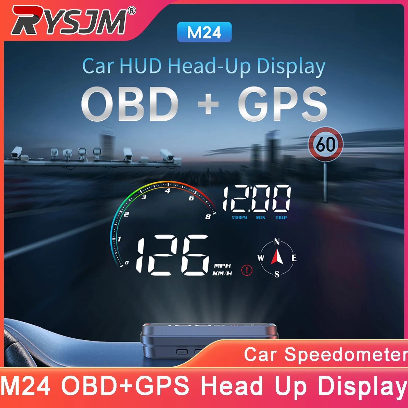 M24 OBD+GPS Dual System Head Up Display Car HUD RPM Tachometer Gauge Digital OBD2 Meter Car Speedometer Auto Voltage Meter