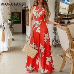 Women Elegant Tank Round Neck Backless Sleeveness All Over Print with Floral Pattern Wide Leg Working Jumpsuits