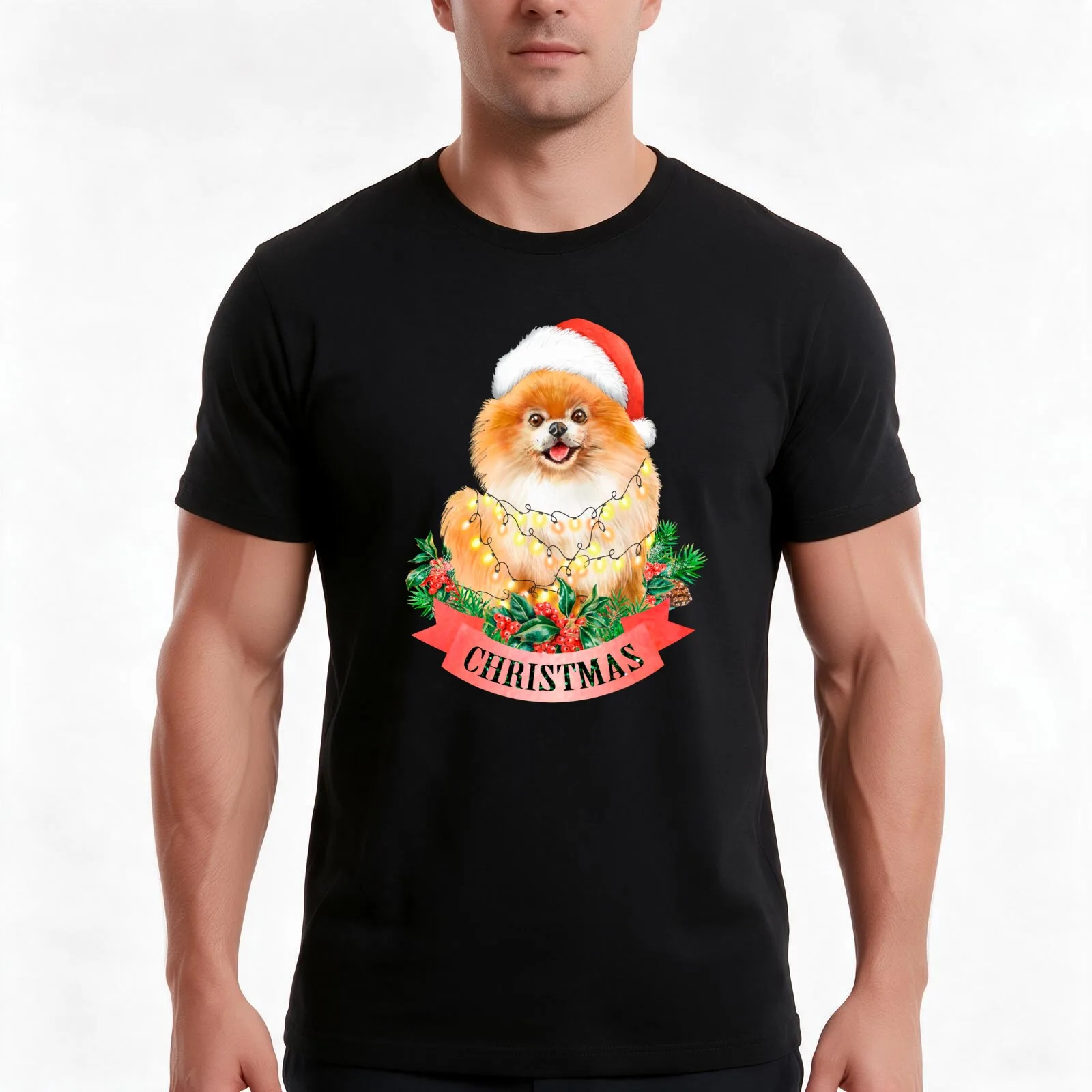 Christmas Pomeranian Spitz Tree Ornament With Santa Hat T-Shirt, Summer Casual Cotton Tee, Oversized Streetwear Tops