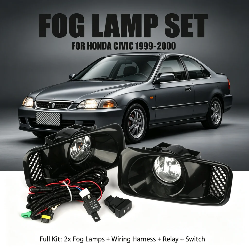 For Honda Civic 1999-2000 Front Fog Light Kit Bumper Lamps Clear Lens with Wiring Harness and Switch Pair Replacement