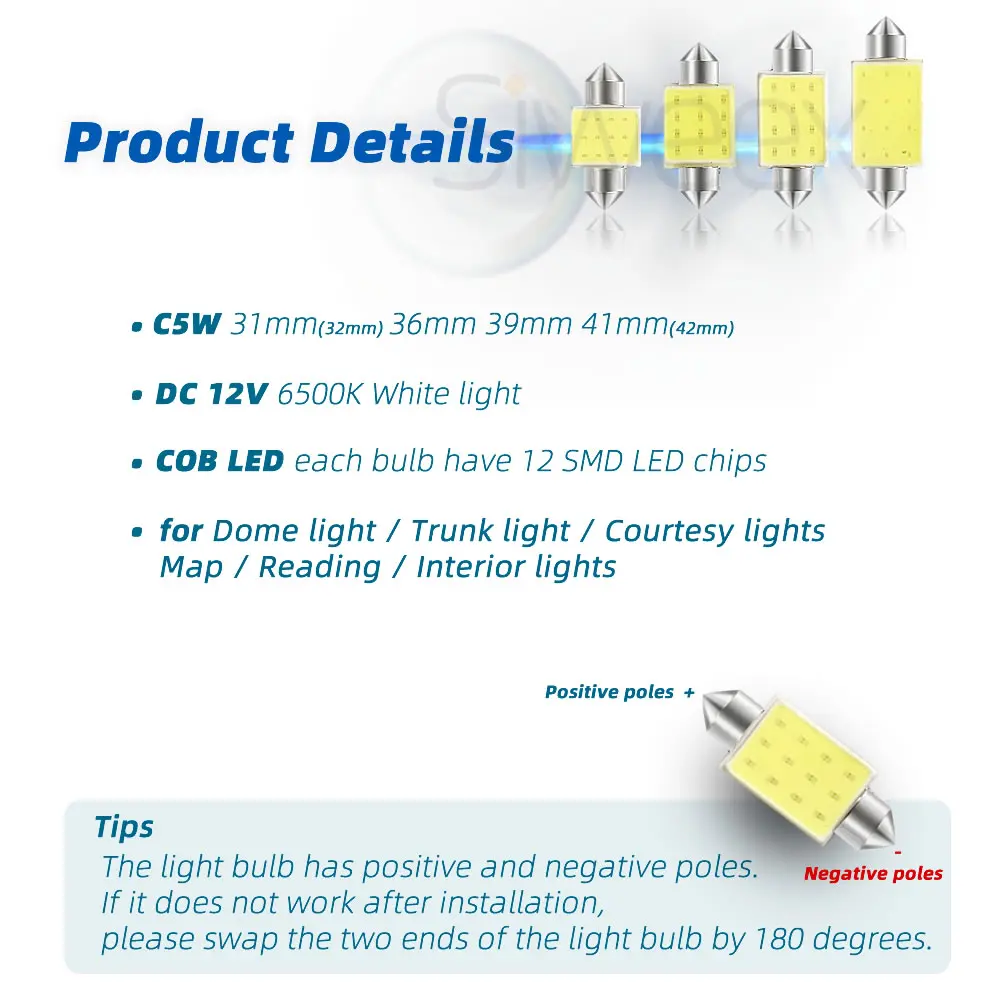 C5W C10W 31mm 36mm 39mm 41mm/42mm Dome Festoon COB LED Car Reading Interior Lamp License Plate White Lights Blue DC 12V