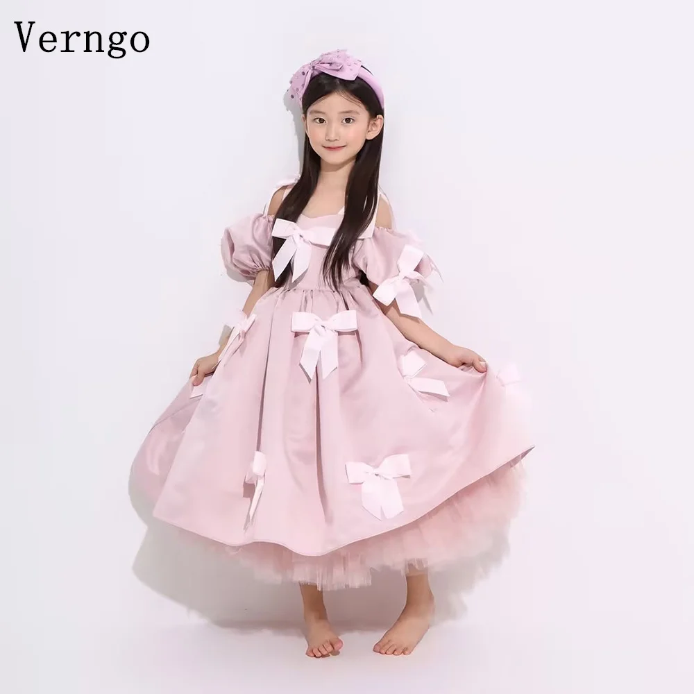 

Verngo Pink Satin Bow Girl Flowers Dress O Neck Birthday Party Gown Mini Wedding Dress Kids Ball GownVestidos de Noiva