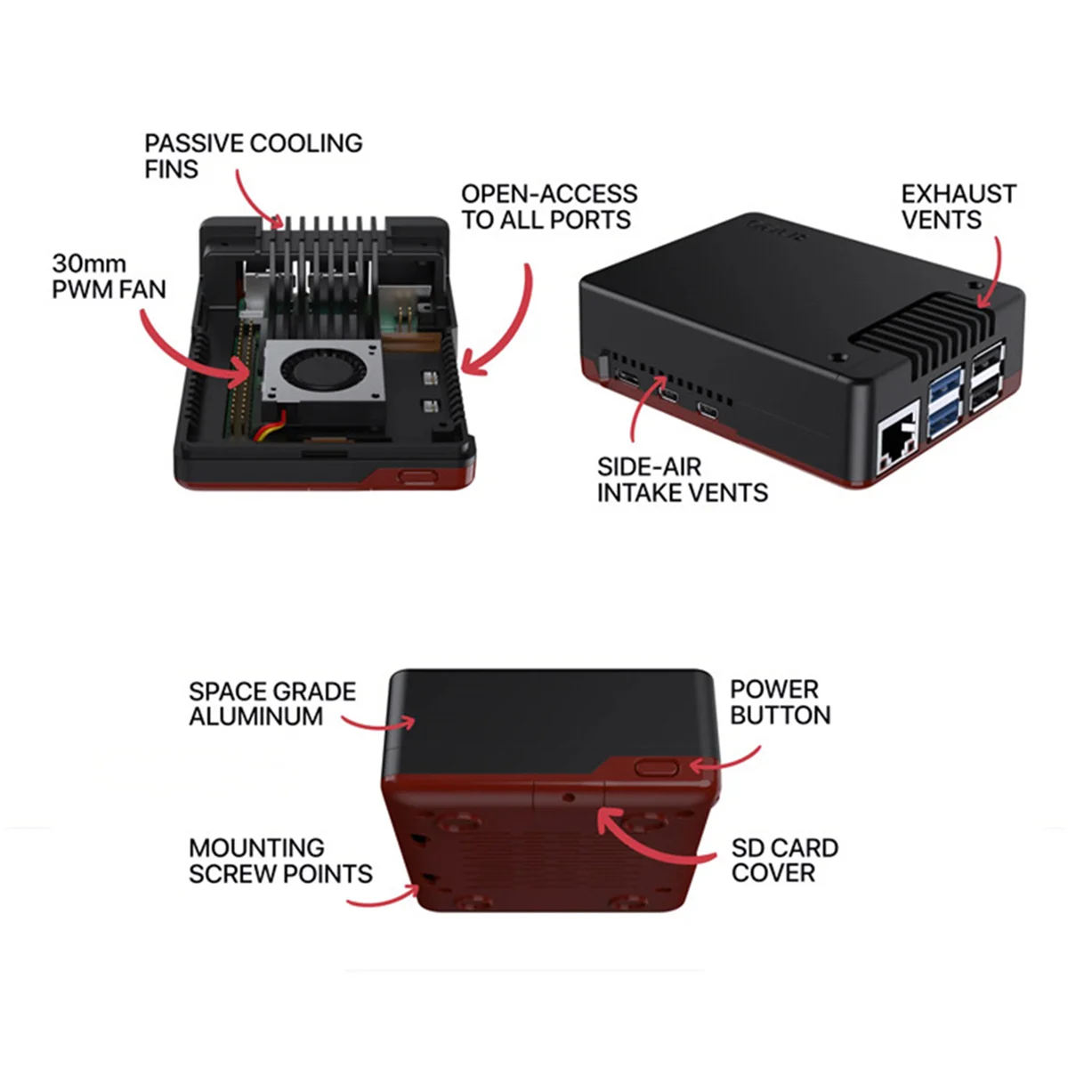 AT87-Für Raspberry Pi 5 Argon NEO 5 Aluminiumgehäuse Eingebauter 30 mm PWN-Lüfter Passive Kühlrippen für Raspberry Pi 5 Gehäuseschale