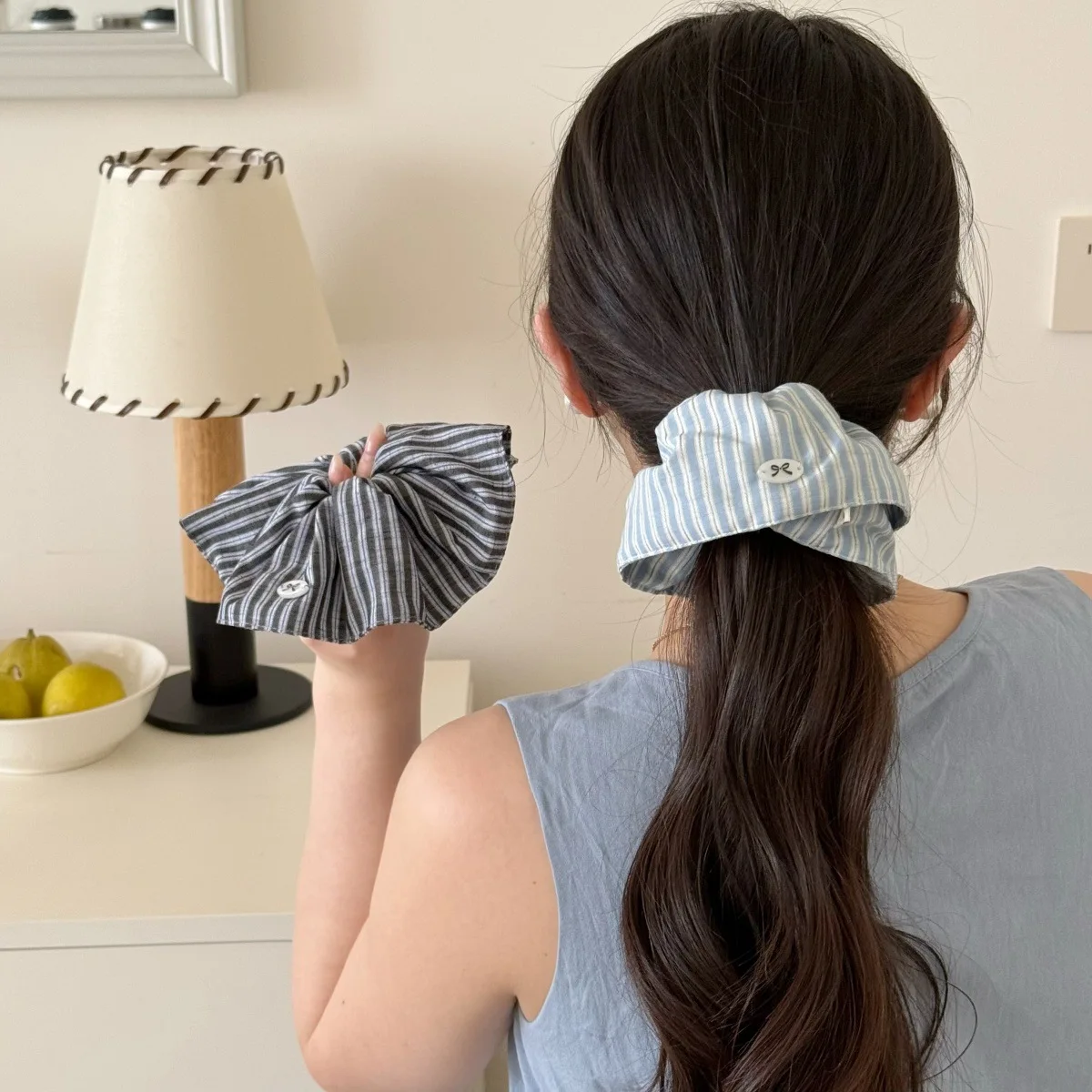 Faixa de Cabelo Estilo Coreano, Azul Listrado, Grande e Volumosa, Estilo Despojado, para Rabo de Cavalo Baixo, Acessório de Cabelo Feminino