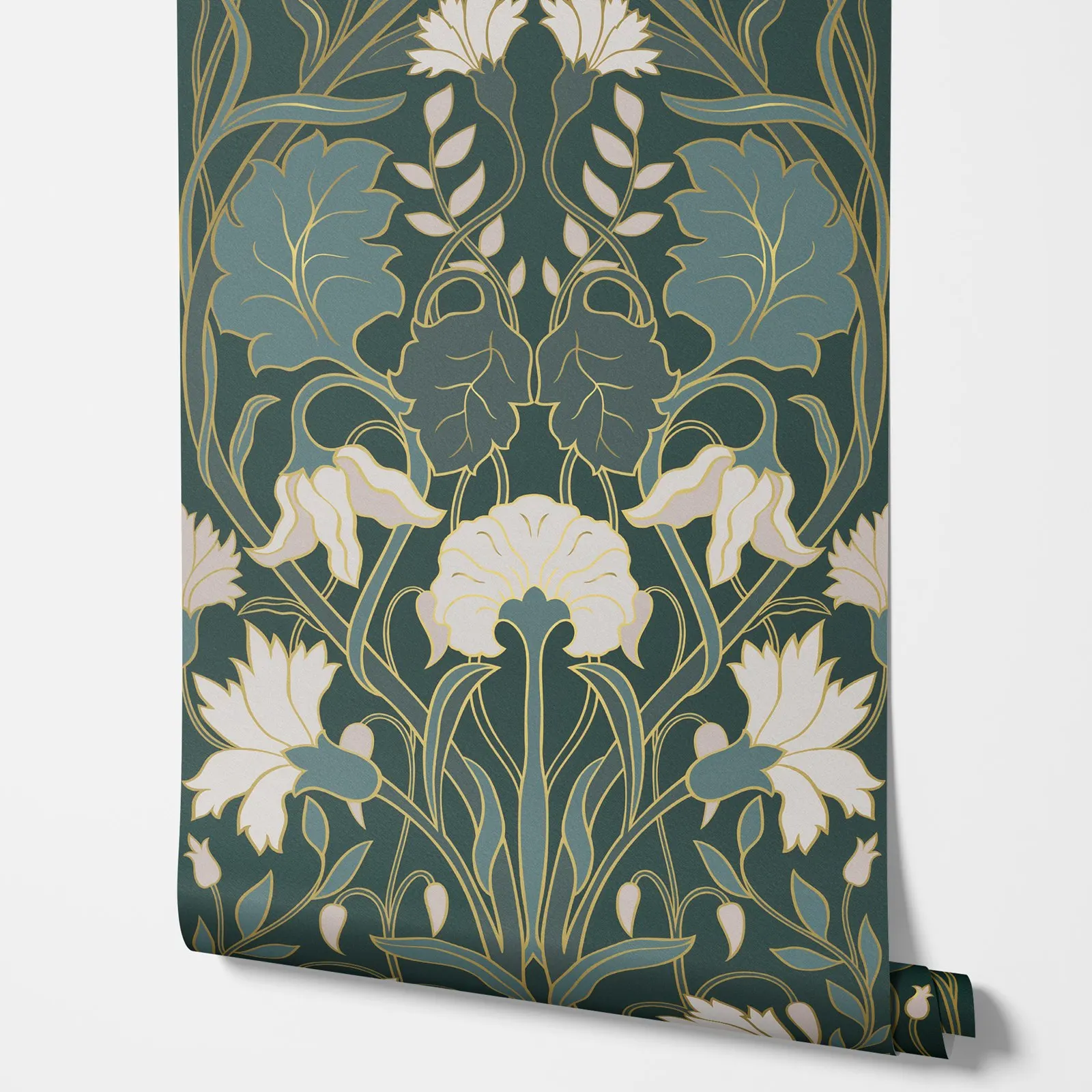 Green Floral Art Nouveau Wallpaper, Peel and Stick Wallpaper Roll. Traditional Non-woven / Stick Wall Papers Options,50cm*300cm