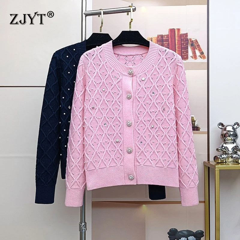 ZJYT Autumn Winter Women\'s Beading Sweaters Knitted Cardigan Tops Long Sleeve Pink Knitwears Female Jersey Mujer Fashion 2024