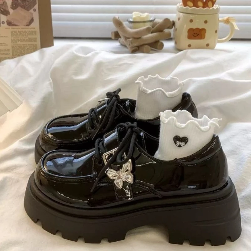 

Women's 2025 Spring New Arrival Black Thick Sole Chunky Heel Petite Leather Loafer Slip On Shoes Vintage British Style