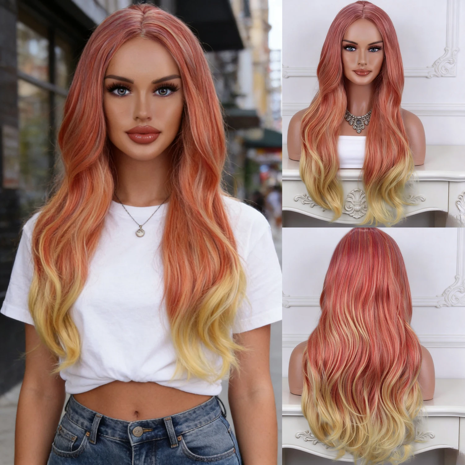 

Wavy Synthetic Wig Female Costume Wigs For Women Cosplay Wig Halloween Colorful Long Hair Rainbow Blonde Blue Pink Red Party