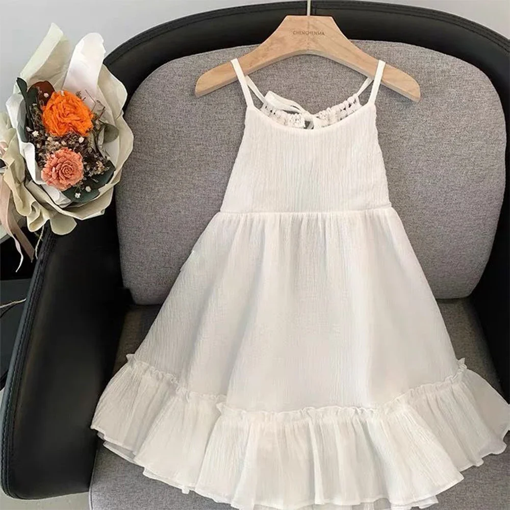 Bear Leader 2023 New Girls Clothing Summer Seaside Holiday Style Children\'s Dress Baby Foreign Style Open Back White Sling Skirt