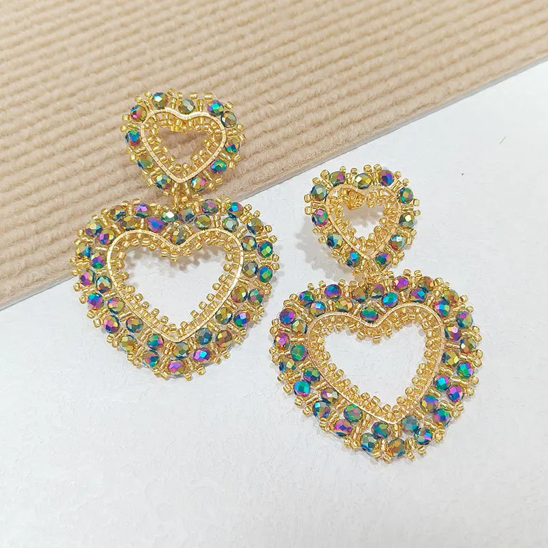 Rice bead earrings Heart-shaped Crystal Dazzling Originality Hand knitting Bohemia Alloy Fashion Simple Beaded earrings