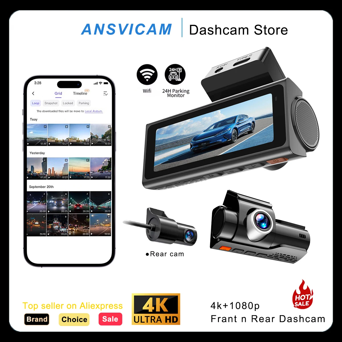 

ANSVICAM 4K Dual Dash Camera 3.2" Full Display Mirror Built-in WiFi GPS Support 24H Parking Super Night Vision Front and Rear