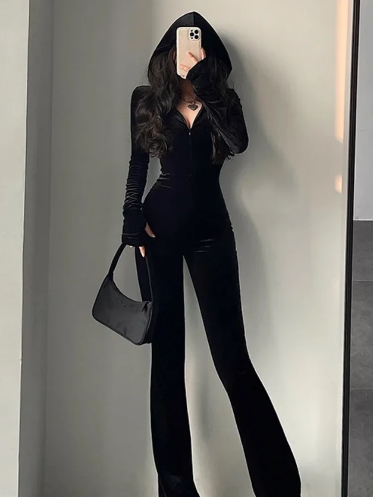 

Autumn Sexy Bodycon Black Velvet Jumpsuit Women Fashion Hooded Zipper Flare Pants Rompers Vintage Y2k Streetwear Winter Outfits