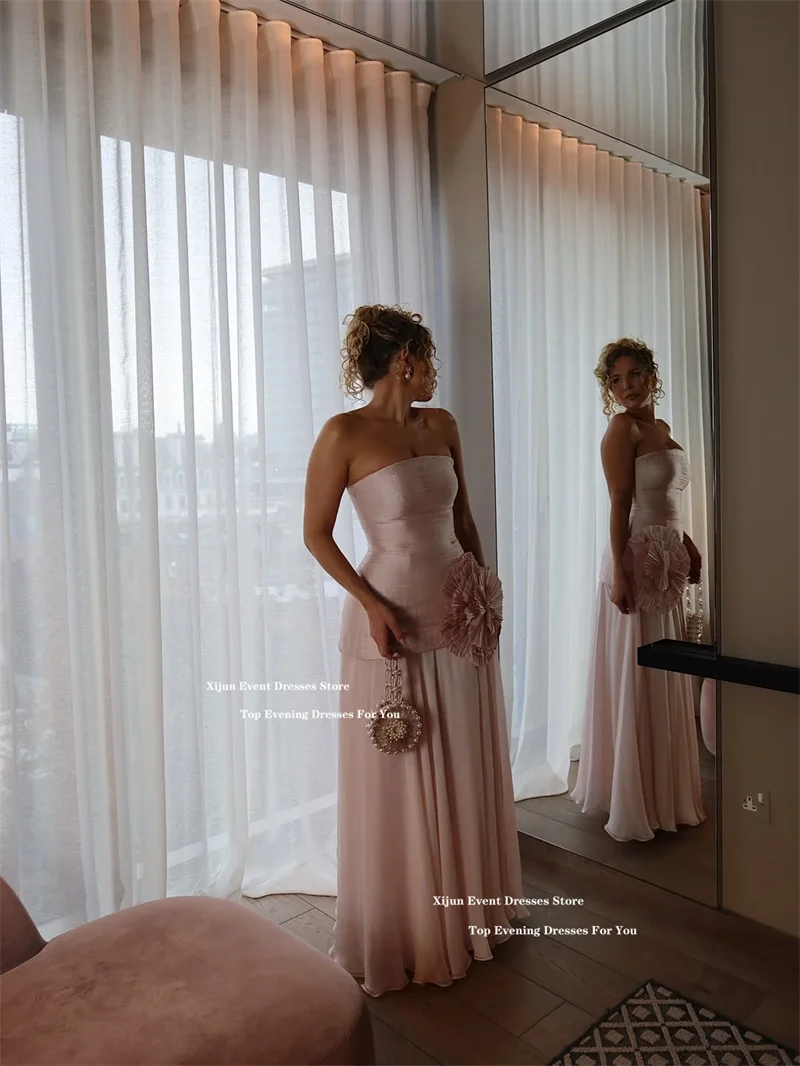 Xijun فساتين سهرة شيفون وردي أحمر الخدود مكشكشة بدون أكمام زهور ثلاثية الأبعاد فساتين لحضور الحفلات الموسيقية سبليت فاخر دبي فساتين حفلات 2026 مخصصة