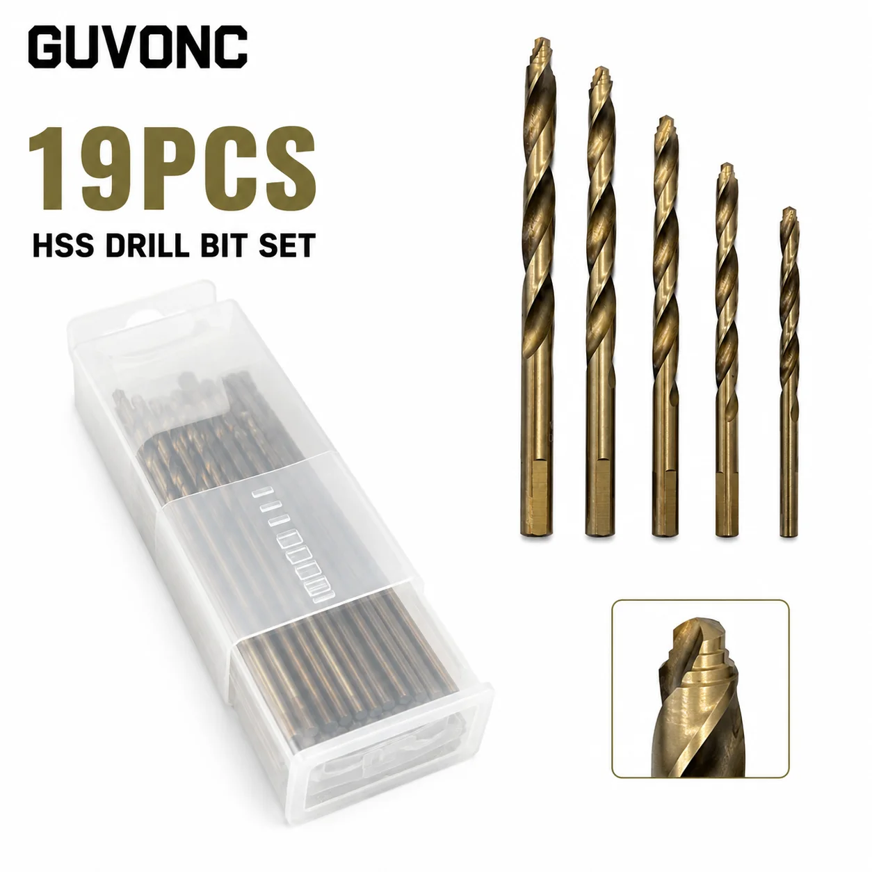 19PCS 1‑10mm Titanium Twist Drill Bits Flat Shank High Hardness Drilling Tool with Clear Storage Box