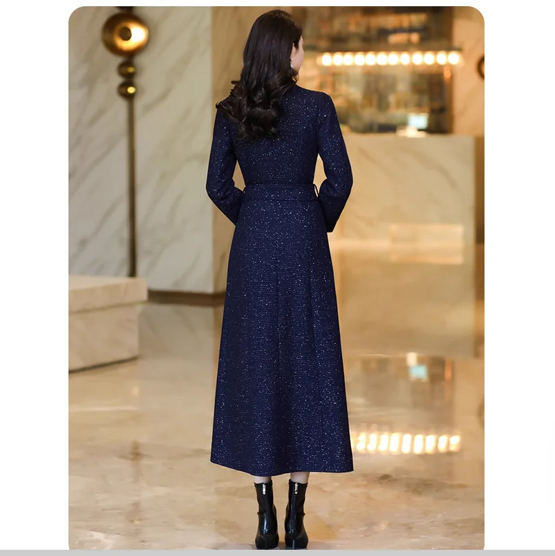 Spring and Autumn standing collar double row buckle hidden blue waist slimming jacket