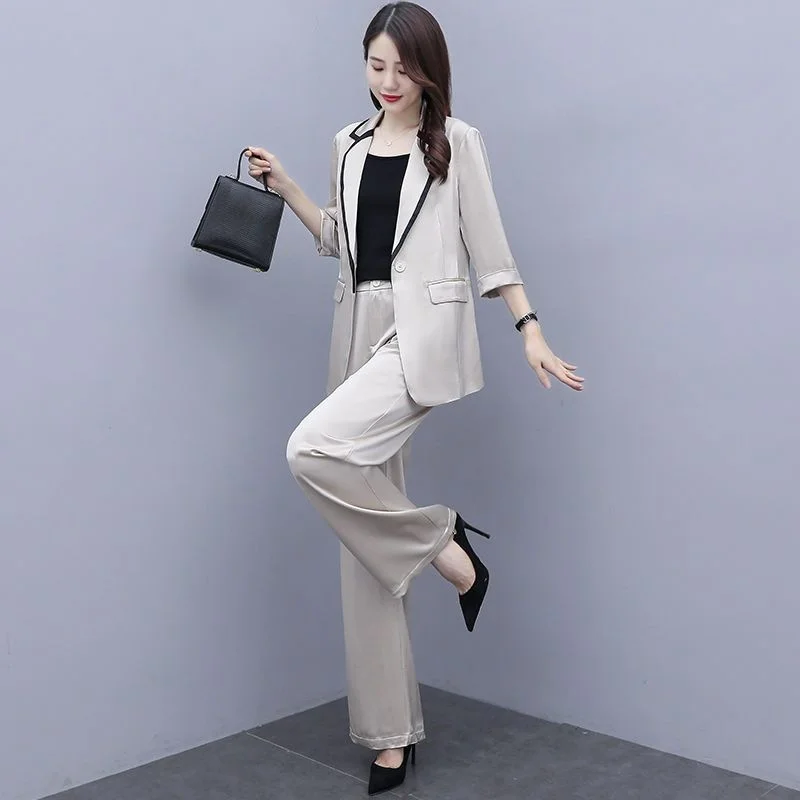 Small Suit Women's 2022 Korean Fashion Casual Light Mature Hepburn Style Professional Wide Leg Pants Two Piece outfits for Set