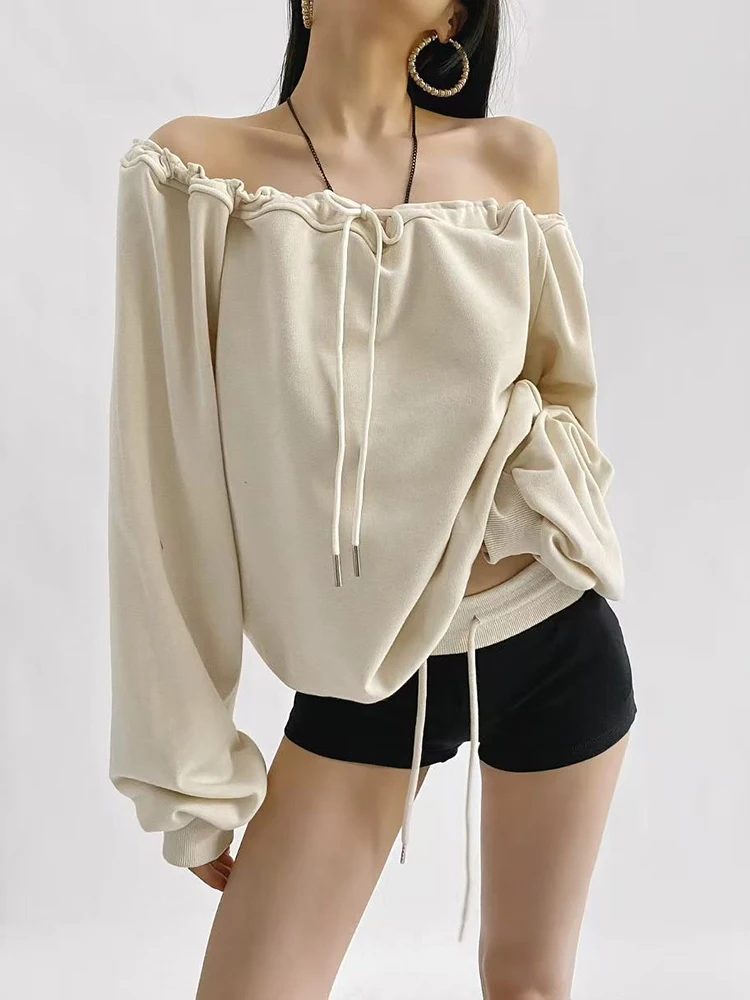 Y2K Slash Neck Drawstring Sweatshirt Women Autumn Loose Streetwear Sexy Off Shoulder Pullover American All Match Baggy Pullover