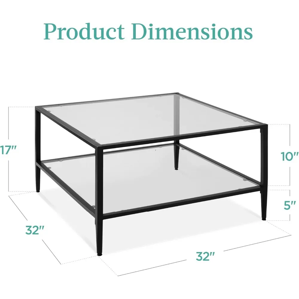 Best Choice Products 32” Square Glass Coffee Table, Large 2-Tier Accent Furniture Bedroom w/Metal Frame, Glass Shelves - Black