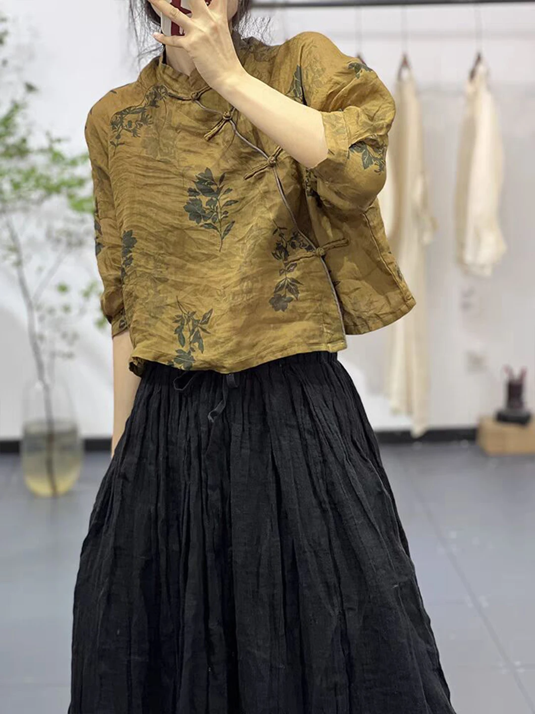 

Retro Print Button up ort Sve Stand Collar irt Women's Summer New Chinese Sle National Tea Ceremony Top Small irt