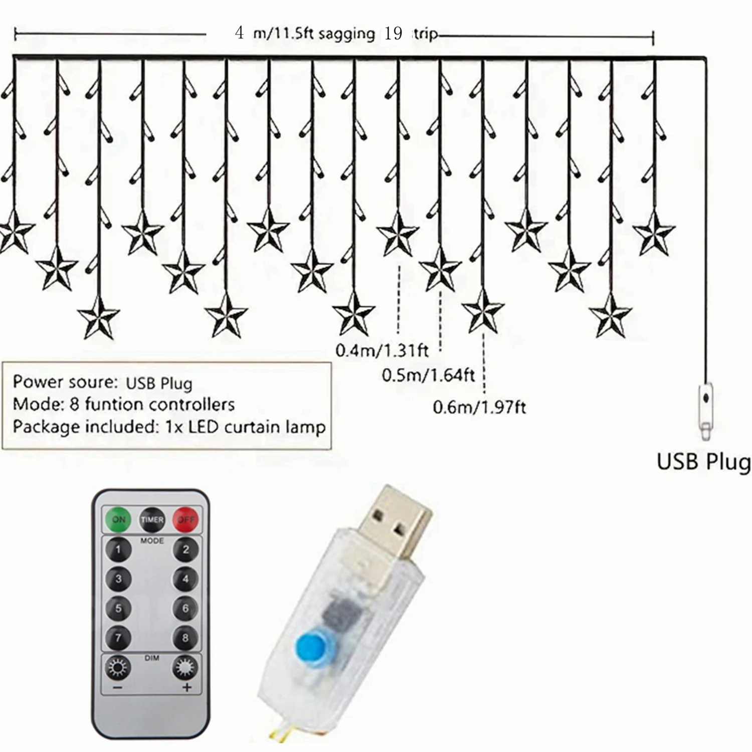 USB Star Curtain Light, 4MX0.6/0.5/0.4M Wave Pentagram Star Light Multi-function Remote Control Curtain String Fairy Tale Light