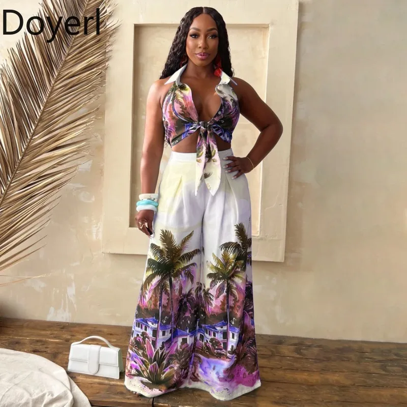

Doyerl Tropical Print Holiday Outfits Women Two Piece Set Beachwear Lace-up Crop Top and Loose Wide Leg Pants Matching Sets