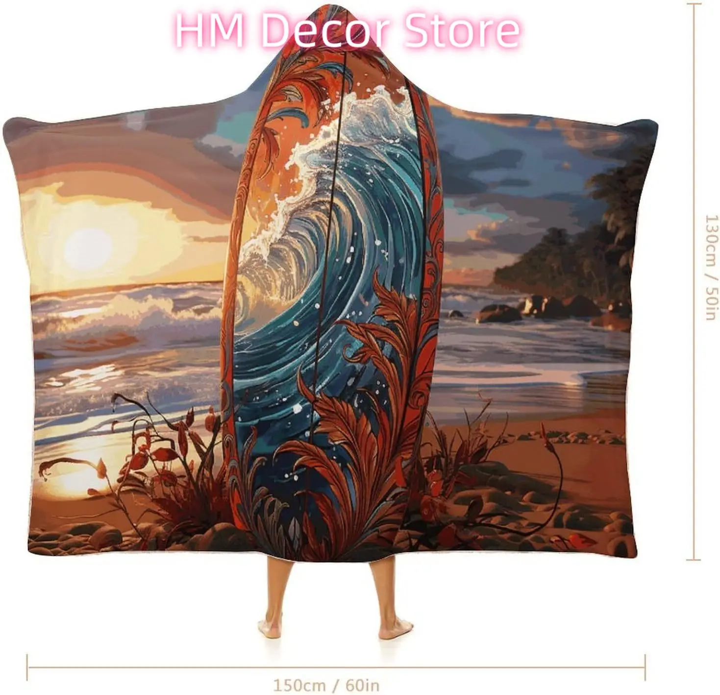 Colorful Surfboard Wearable Hooded Blanket, Ultra Soft Arctic Velvet Cape Cloak Unisex - Cozy Wearable Blanket 50