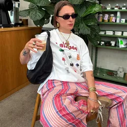 Mid Century Lampes Printing Vintage Style White Short Sleeve T Shirts 2025 Summer New Street Fashion Y2K Tops Loose Cotton Tees
