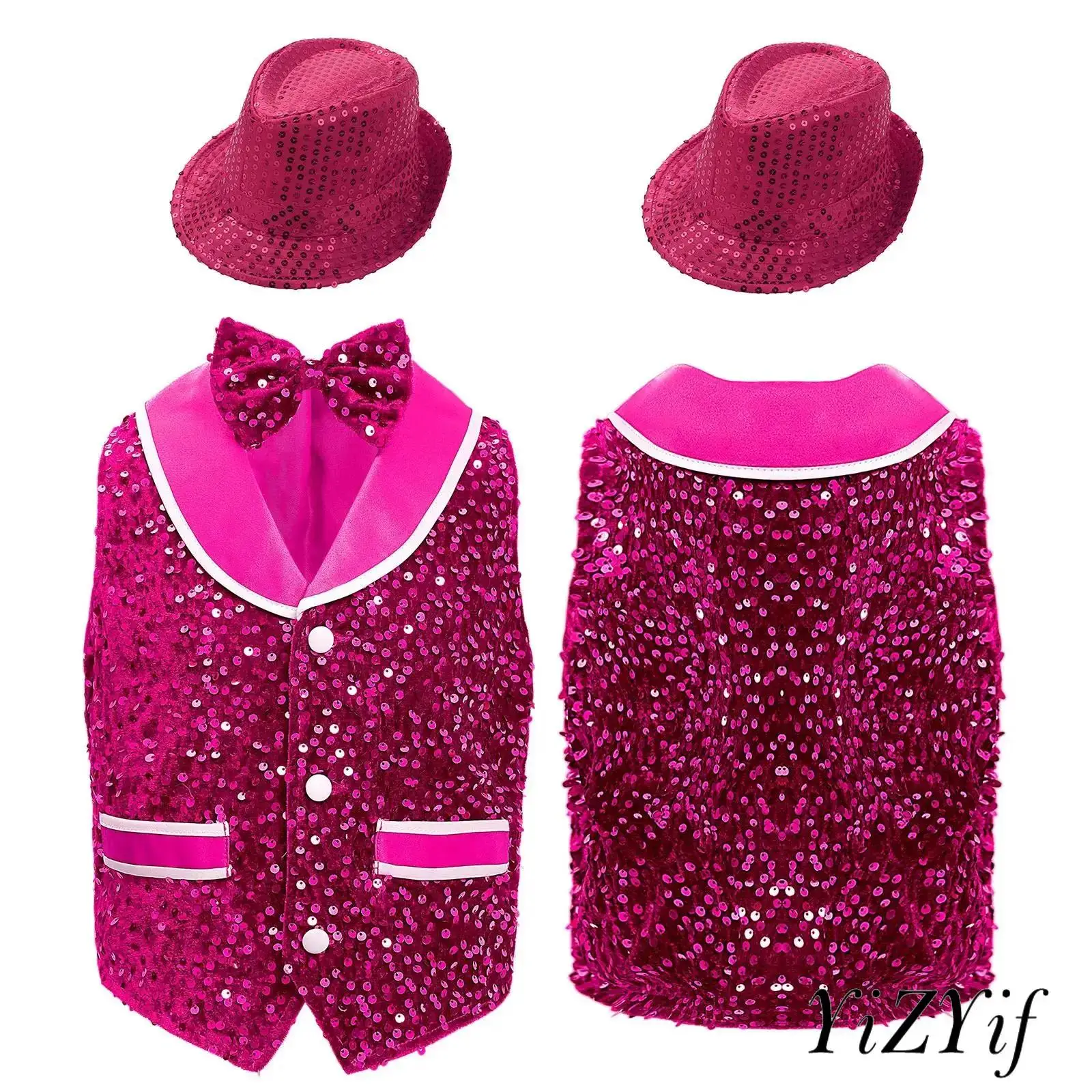 

‌Unisex Children's Jazz Dance Clothing Shows Wear Waistcoat Elegant Velvet Sequins Fake Pockets with Bowtie and Sequins Hat