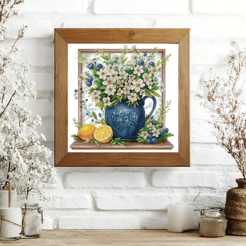 

Soulgift New Pre-Printed Cross Stitch Kit, Stamped 9CT/11CT/14CT/16CT DMC Threads, Embroidery kit - White flowers in a bottle