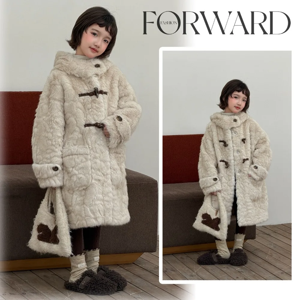 Autumn Winter Girls Faux Fur Hooded Long Coat Fluffy Jacket Granular Fleece Thick Warm Kids Outerwear Children Clothing