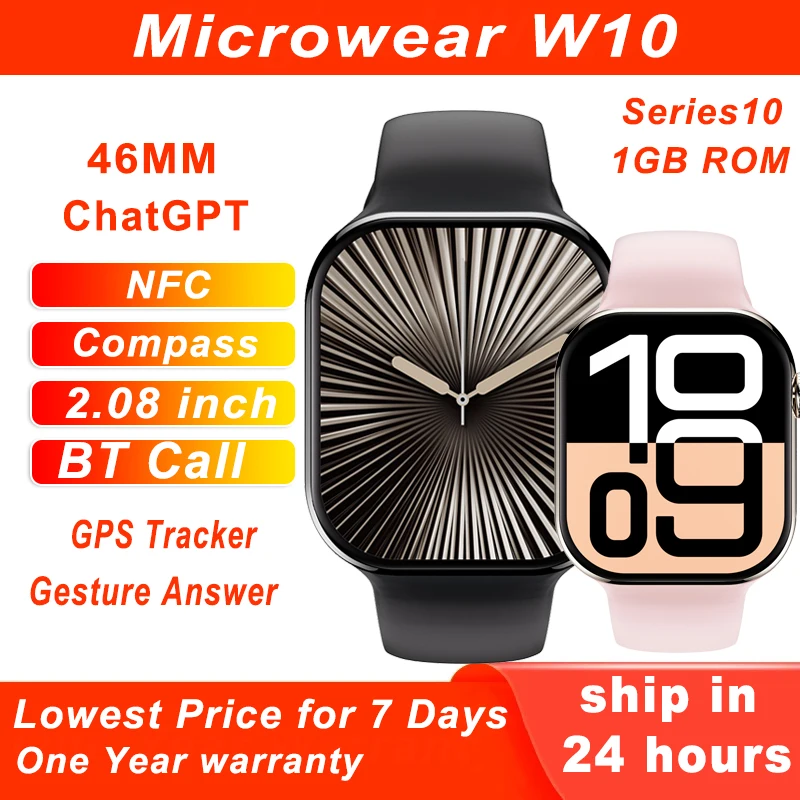 Microwear W10 Smart Watch X Series 10 1GB ROM BT Call ChatGPT NFC Compass GPS Tracker Pin Lock Wear Max Smartwatch Men Women