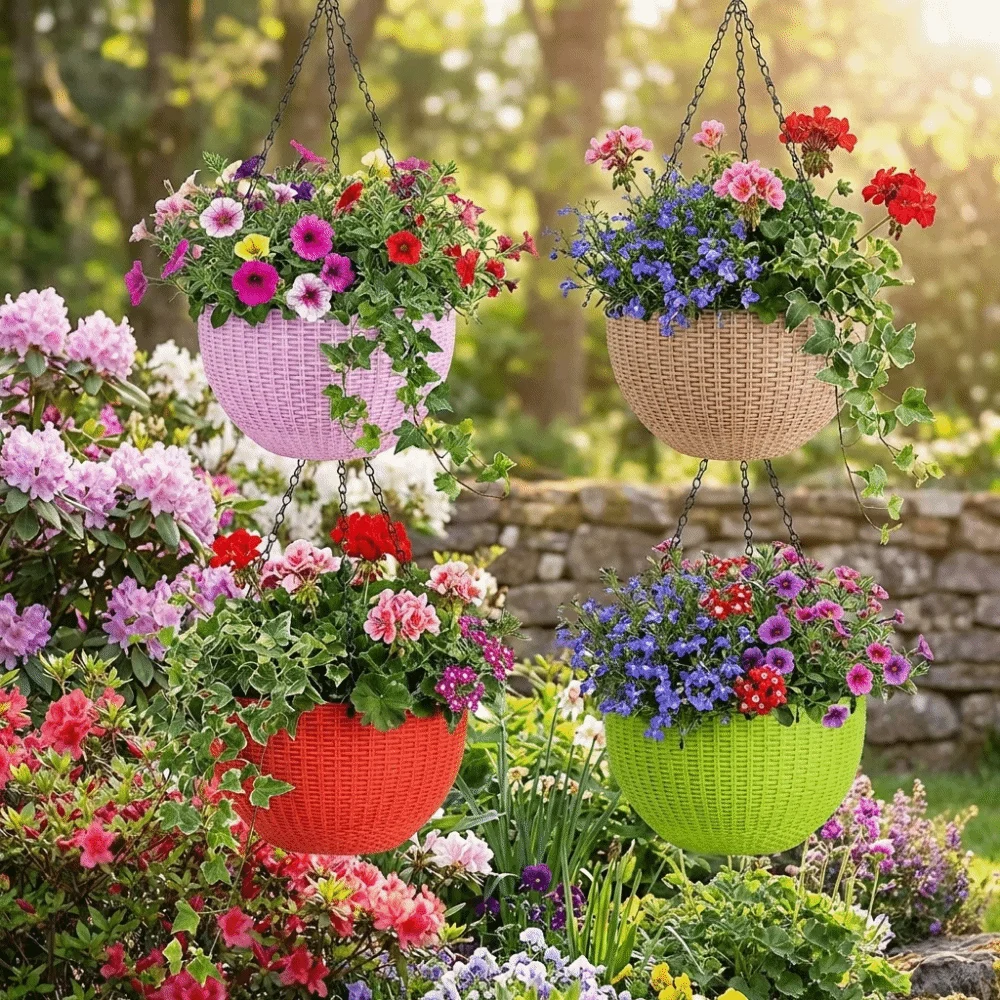 Plastic Imitation Rattan Hanging Pot Stackable Self Absorbing Water Hanging Flower Pot with Chain European Style