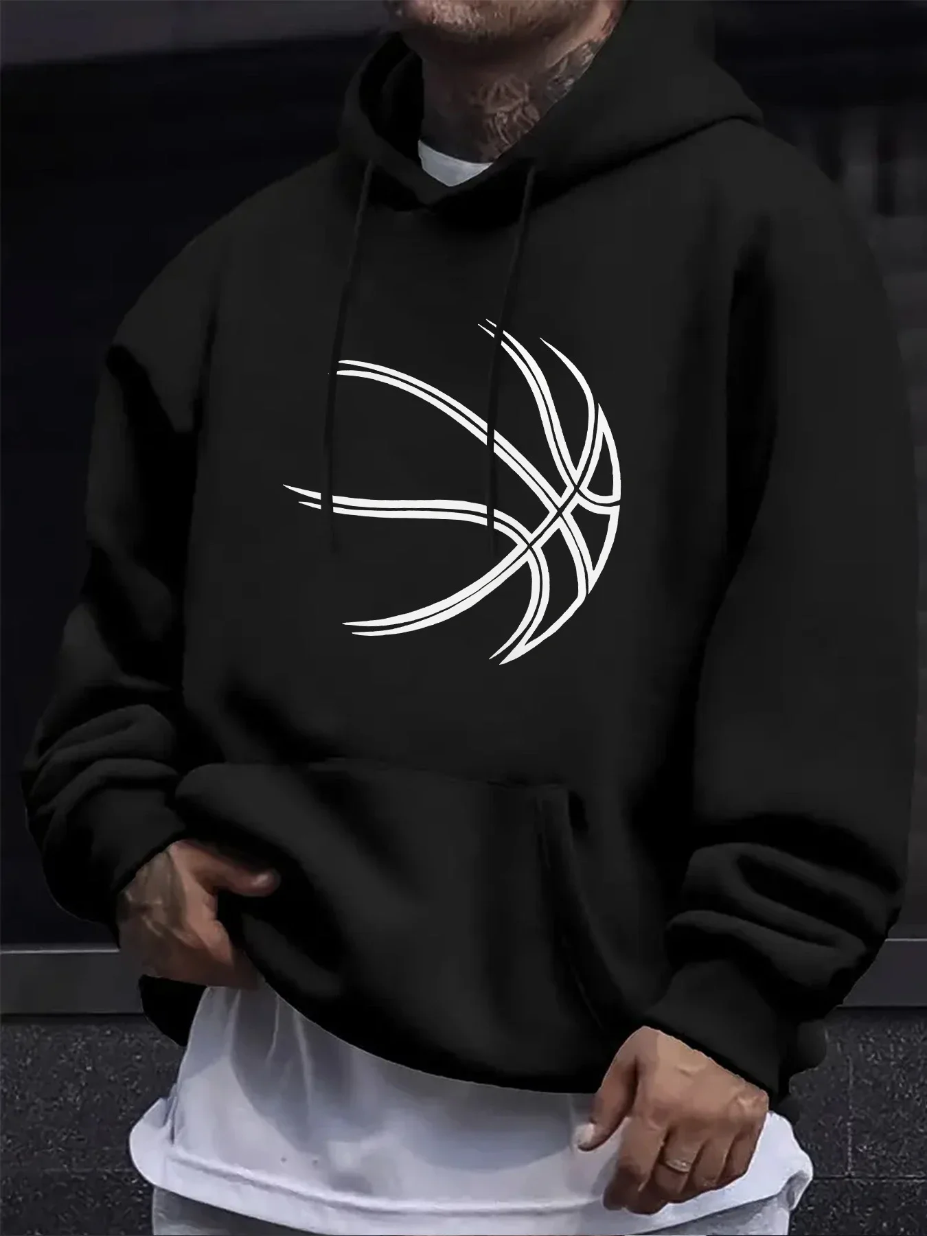 100% Cotton Men's Line Basketball Print Drawstring Hoodie, Kangaroo Pocket Trendy Street Loose Daily Pullover